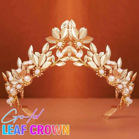 Gold Leaf Bridal Tiara Rhinestones Wedding Crowns Headpiece for Women main image 5
